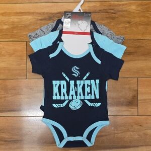 Seattle Kraken Size 0-3 Months NHL Hockey Baby 3 Pack Short Sleeve Bodysuits NEW